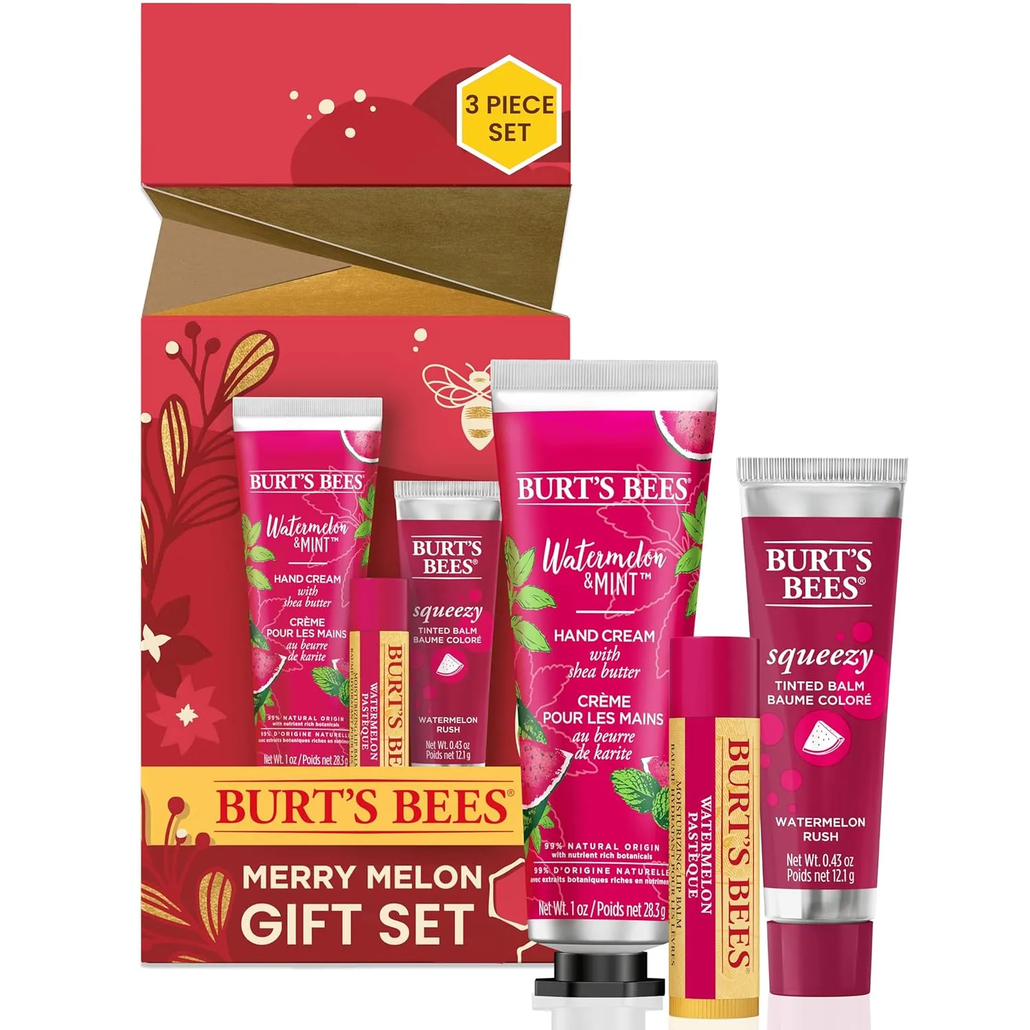 Burt's Bees, 3 Lip Care Products, Squeezy Trio Tinted Lip Balm Set, Berry Sorbet, Sweet Peach & Watermelon Rush