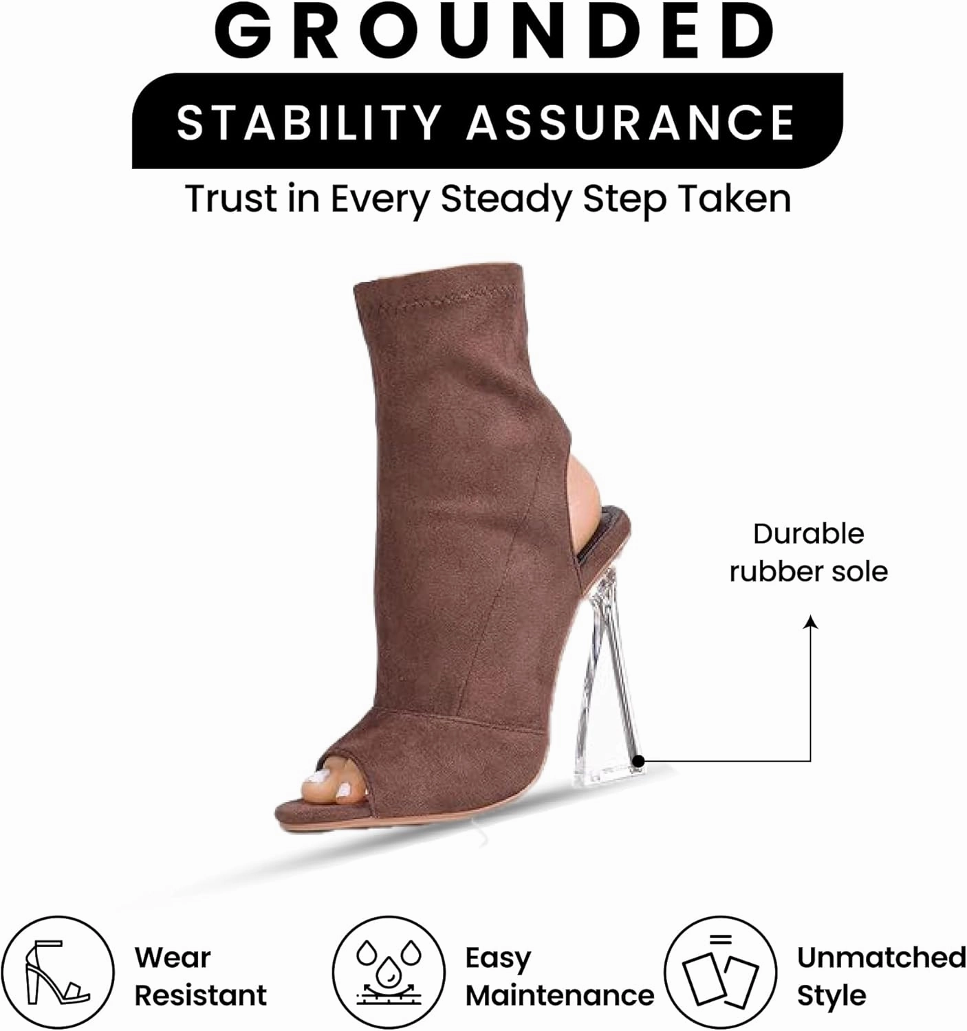 Cape Robbin Women's Clear Block Heel Ankle Booties - Faux Suede Round Peep Toe with Zipper Detail (Cally)