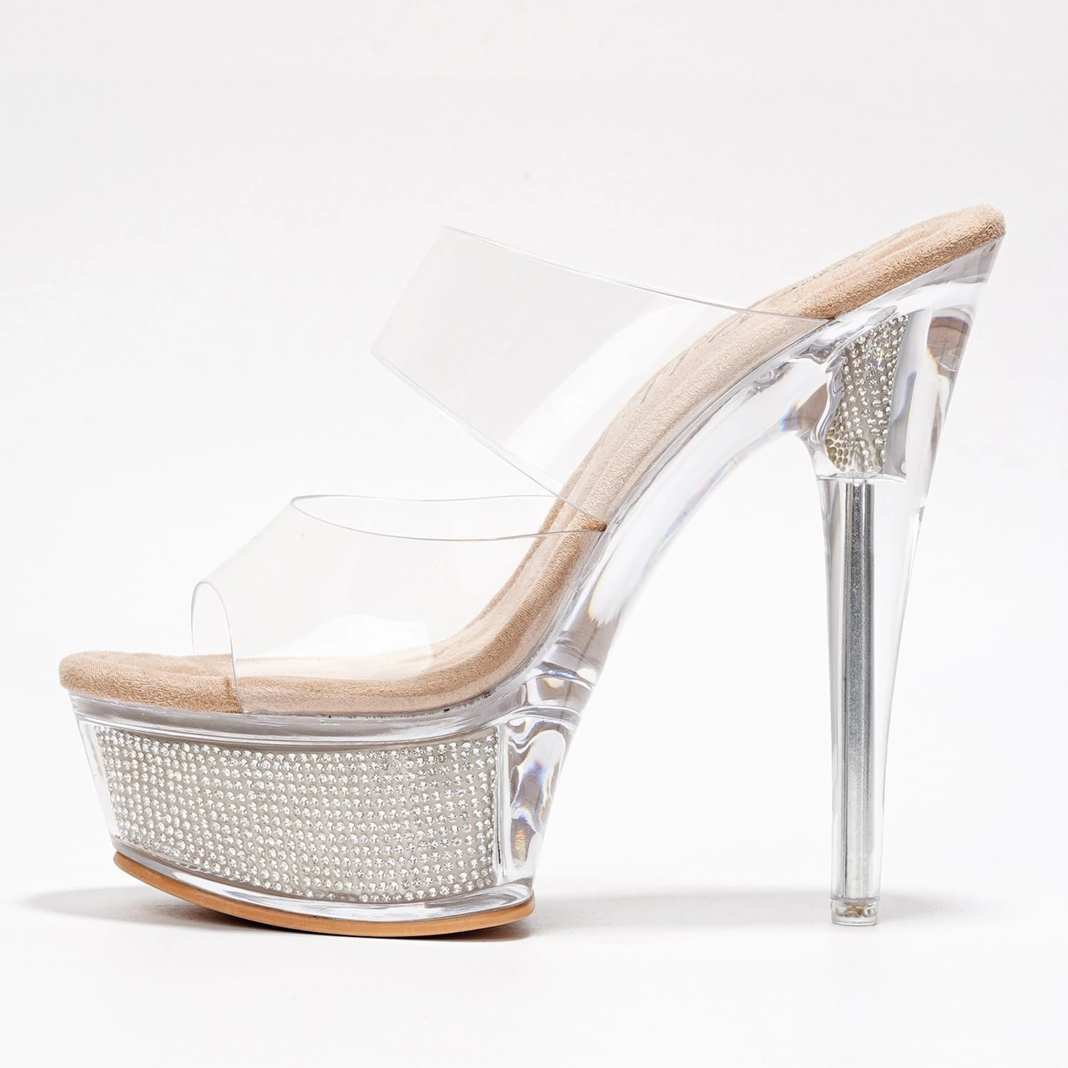 Cape Robbin Women's Clear Platform Stiletto Heels - Round Toe Slip-On Transparent Straps with Faux Rhinestone Design (Ferrara)