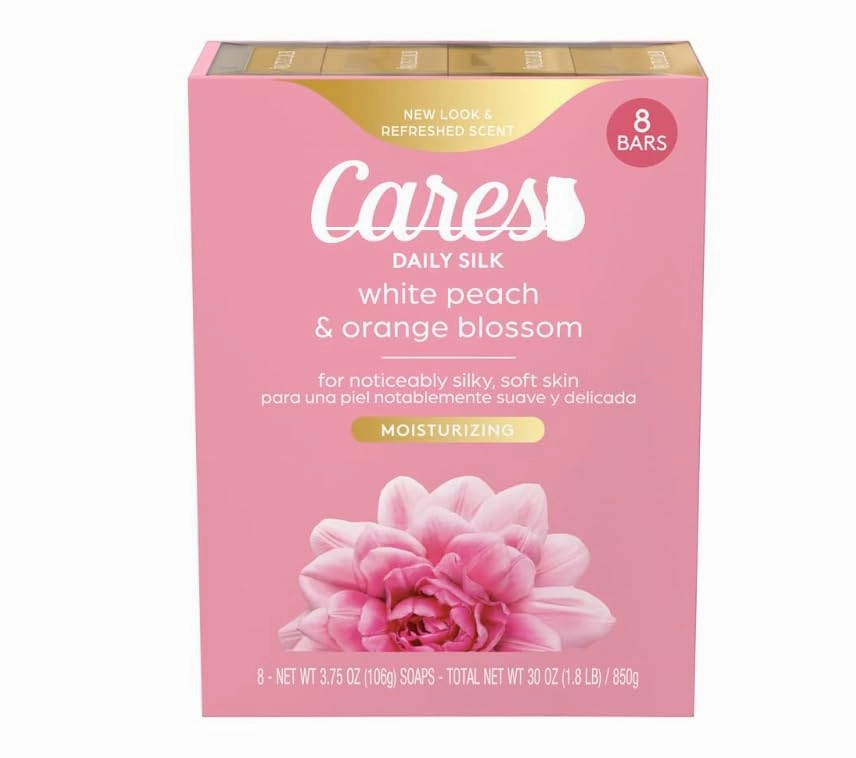 Cares~s Beauty Bar White Peach & Orange Blossom Scent Bar, Silky and Soft Skin Daily Silk With Silk Extract and Floral Oil Essence 8 Bars - 3.75oz each