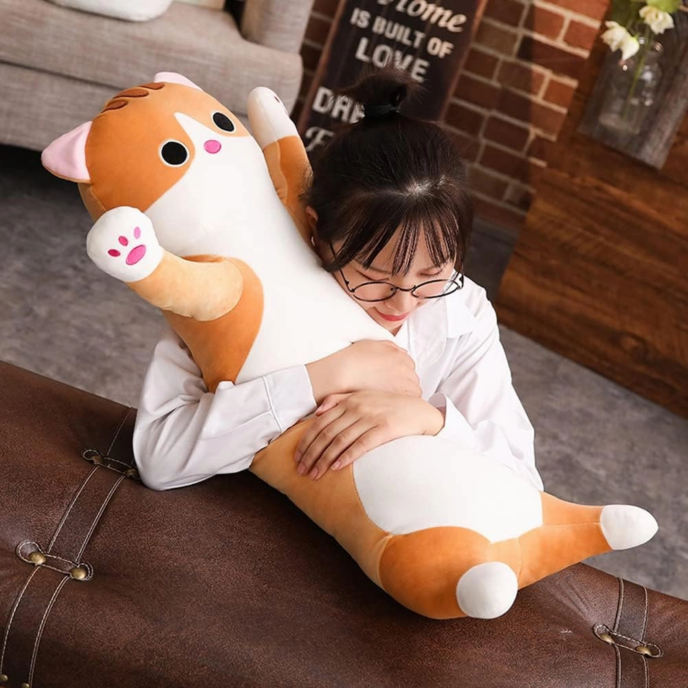 Cat Plush Hugging Pillow, Soft Kitten Plush Body Toy Gifts for Kids (Brown, 27.55 inch)