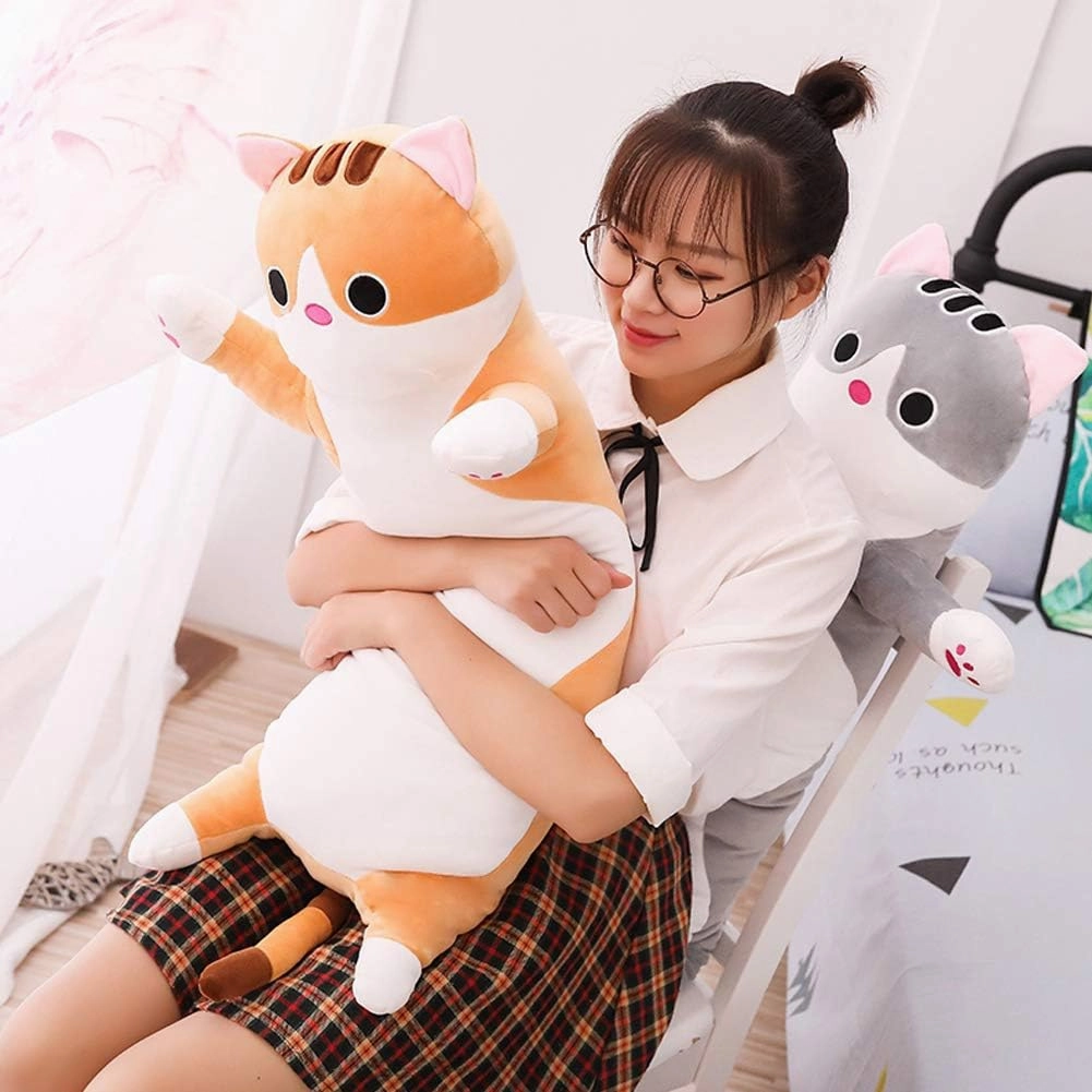 Cat Plush Hugging Pillow, Soft Kitten Plush Body Toy Gifts for Kids (Brown, 27.55 inch)