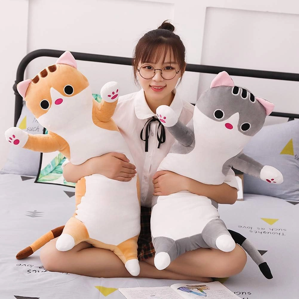 Cat Plush Hugging Pillow, Soft Kitten Plush Body Toy Gifts for Kids (Brown, 27.55 inch)