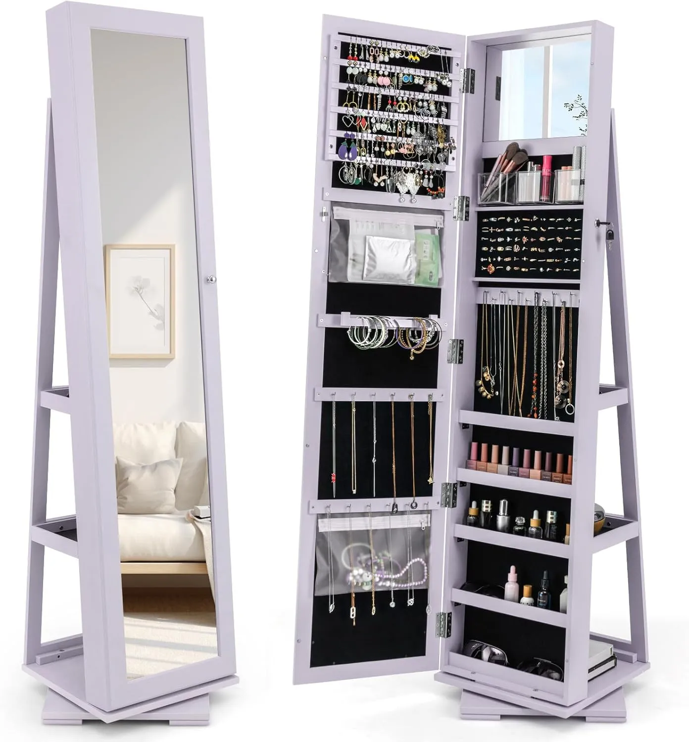 CHARMAID 360° Swivel Jewelry Armoire with Full Length Mirror, Standing Lockable Jewelry Cabinet Organizer, Large Storage Capacity, Inside Makeup Mirror, Back Storage Shelves (Lavender)