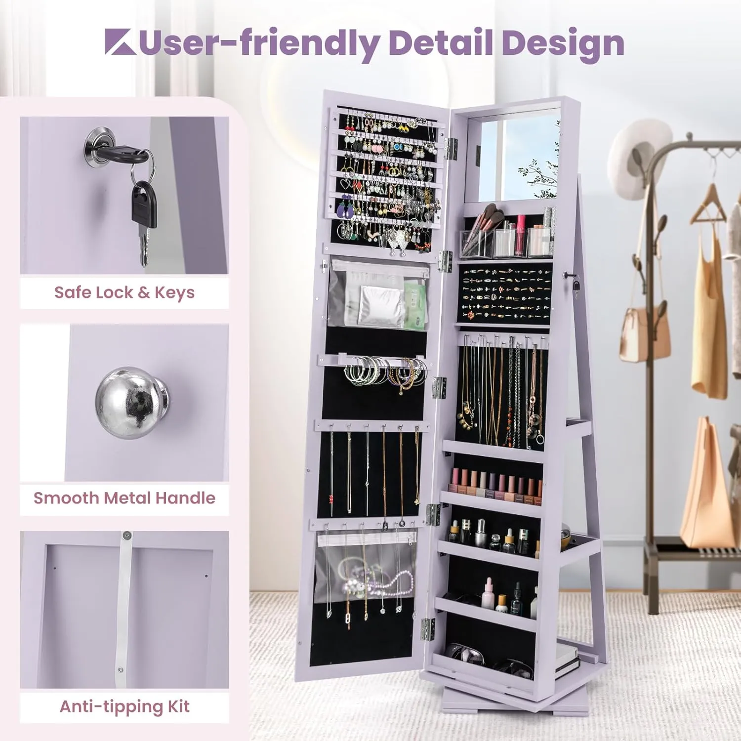 CHARMAID 360° Swivel Jewelry Armoire with Full Length Mirror, Standing Lockable Jewelry Cabinet Organizer, Large Storage Capacity, Inside Makeup Mirror, Back Storage Shelves (Lavender)