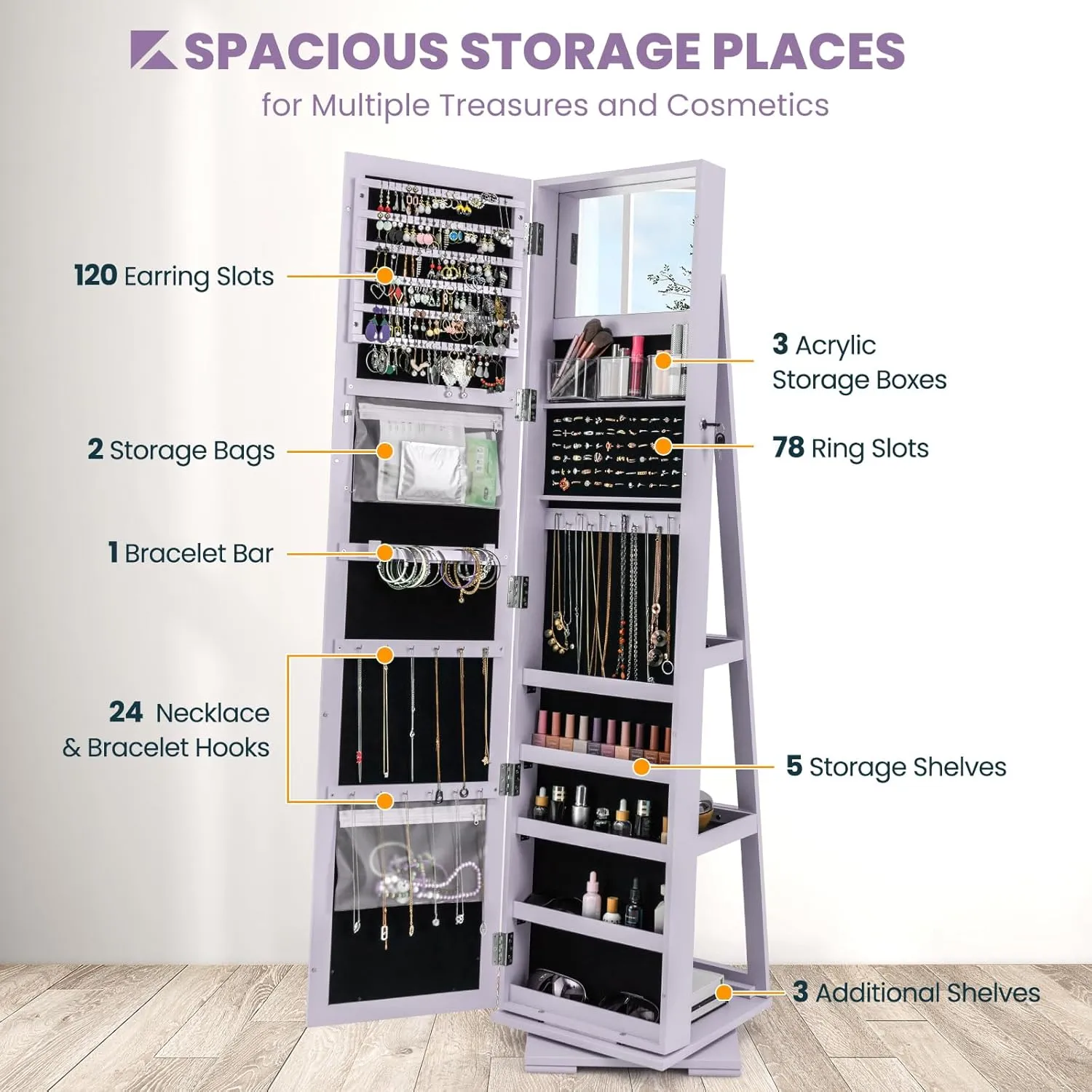 CHARMAID 360° Swivel Jewelry Armoire with Full Length Mirror, Standing Lockable Jewelry Cabinet Organizer, Large Storage Capacity, Inside Makeup Mirror, Back Storage Shelves (Lavender)