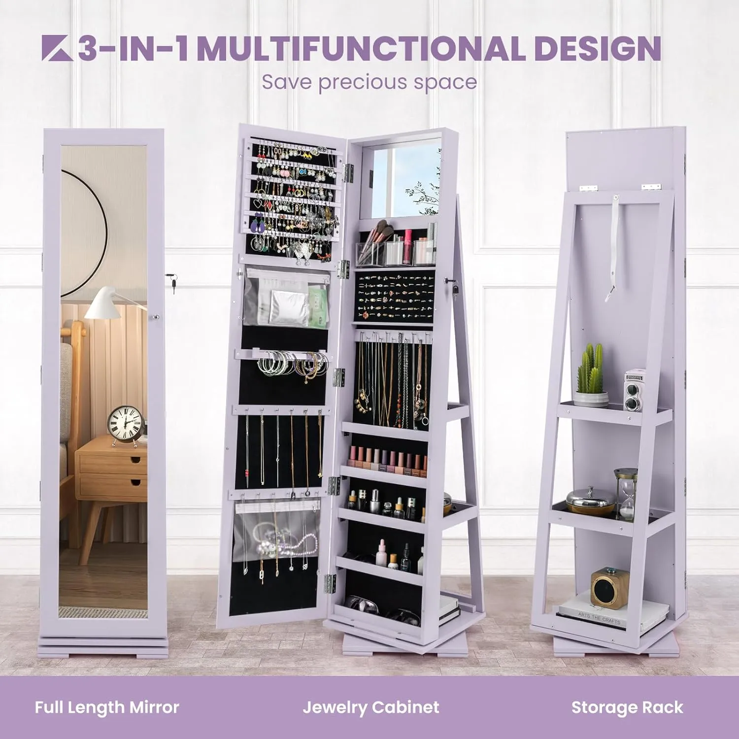 CHARMAID 360° Swivel Jewelry Armoire with Full Length Mirror, Standing Lockable Jewelry Cabinet Organizer, Large Storage Capacity, Inside Makeup Mirror, Back Storage Shelves (Lavender)