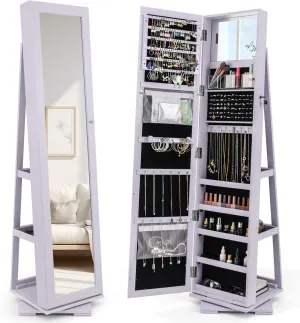 CHARMAID 360° Swivel Jewelry Armoire with Full Length Mirror, Standing Lockable Jewelry Cabinet Organizer, Large Storage Capacity, Inside Makeup Mirror, Back Storage Shelves (Lavender)