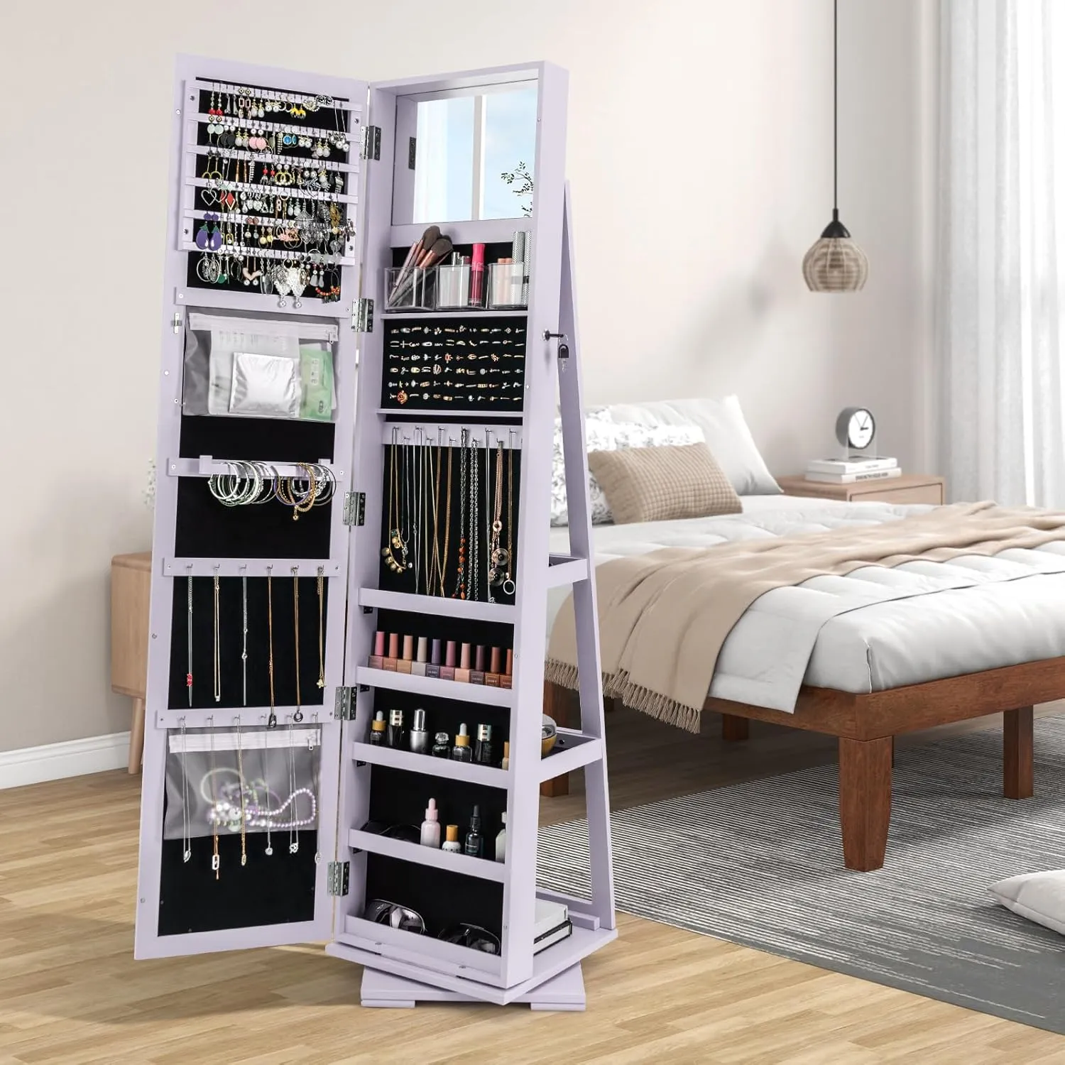 CHARMAID 360° Swivel Jewelry Armoire with Full Length Mirror, Standing Lockable Jewelry Cabinet Organizer, Large Storage Capacity, Inside Makeup Mirror, Back Storage Shelves (Lavender)