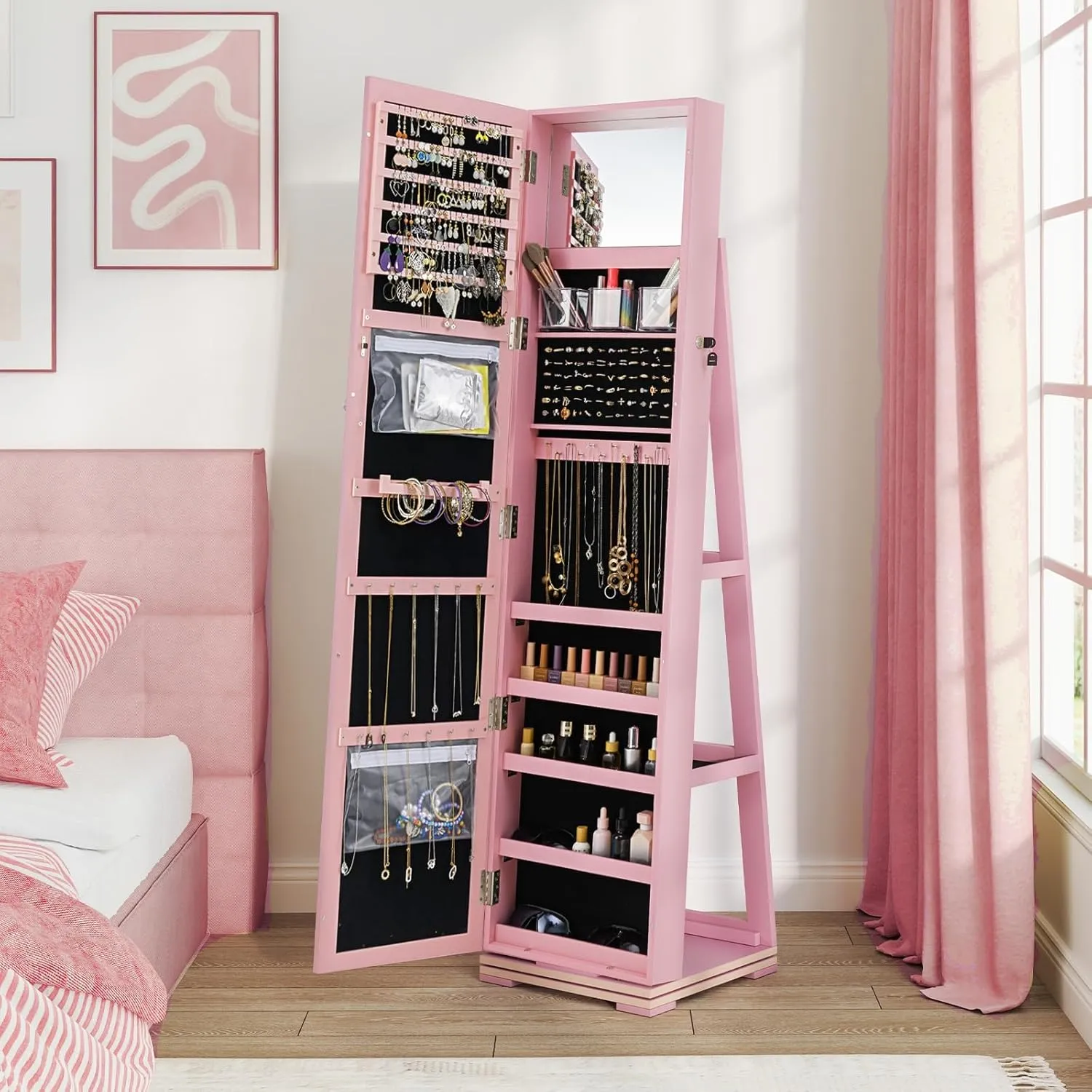 CHARMAID 360° Swivel Jewelry Armoire with Full Length Mirror, Standing Lockable Jewelry Cabinet Organizer, Large Storage Capacity, Inside Makeup Mirror, Back Storage Shelves (Pink)
