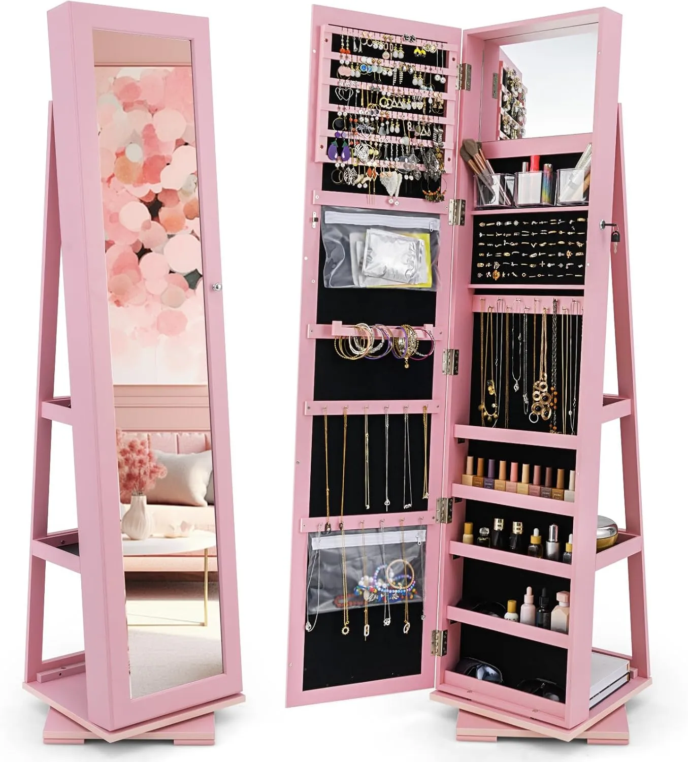 CHARMAID 360° Swivel Jewelry Armoire with Full Length Mirror, Standing Lockable Jewelry Cabinet Organizer, Large Storage Capacity, Inside Makeup Mirror, Back Storage Shelves (Pink)