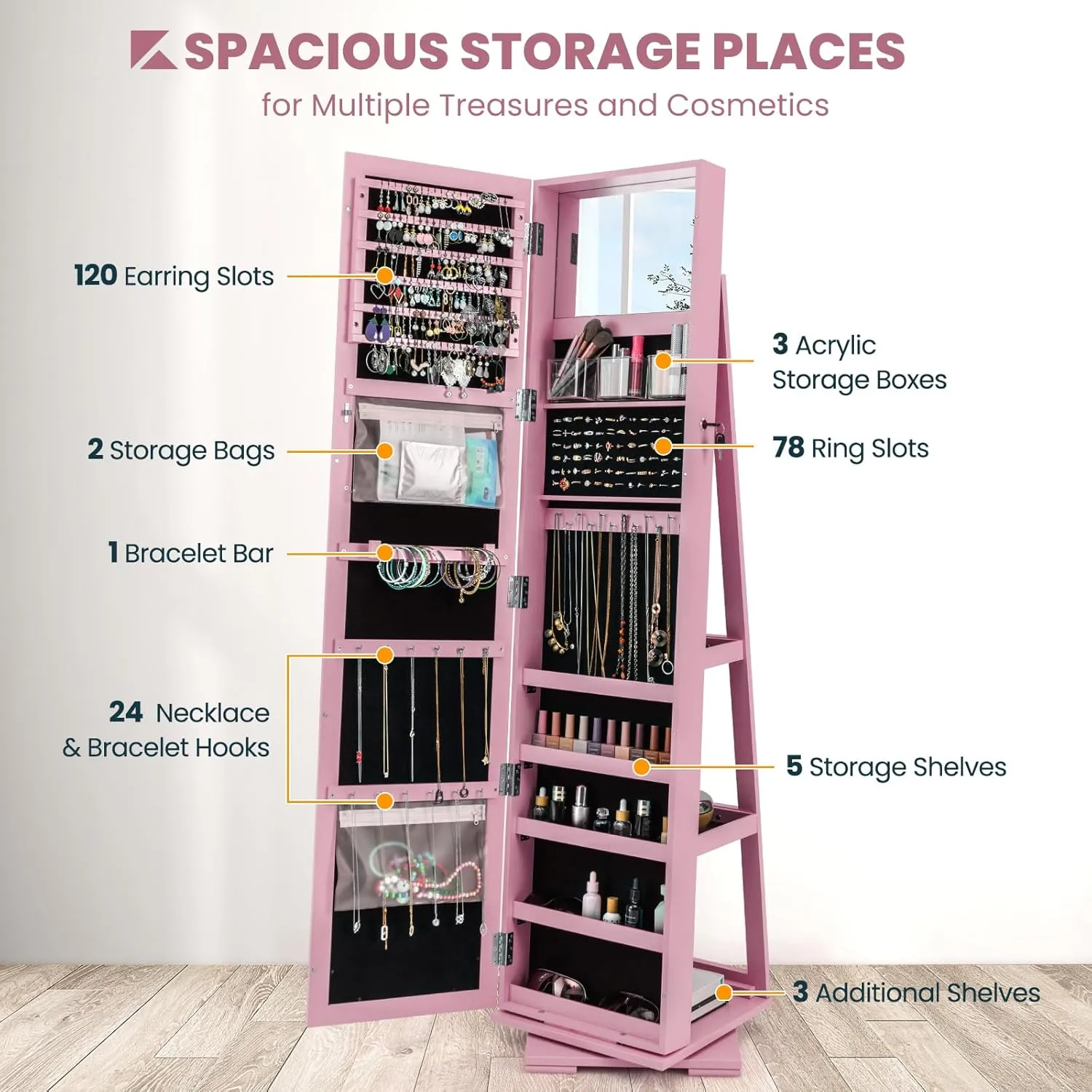 CHARMAID 360° Swivel Jewelry Armoire with Full Length Mirror, Standing Lockable Jewelry Cabinet Organizer, Large Storage Capacity, Inside Makeup Mirror, Back Storage Shelves (Pink)