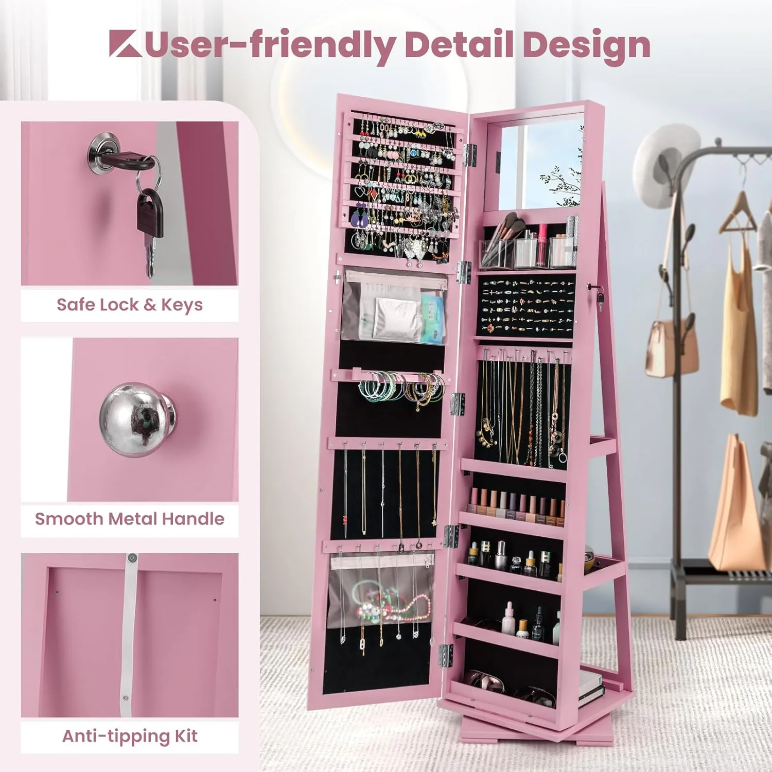 CHARMAID 360° Swivel Jewelry Armoire with Full Length Mirror, Standing Lockable Jewelry Cabinet Organizer, Large Storage Capacity, Inside Makeup Mirror, Back Storage Shelves (Pink)