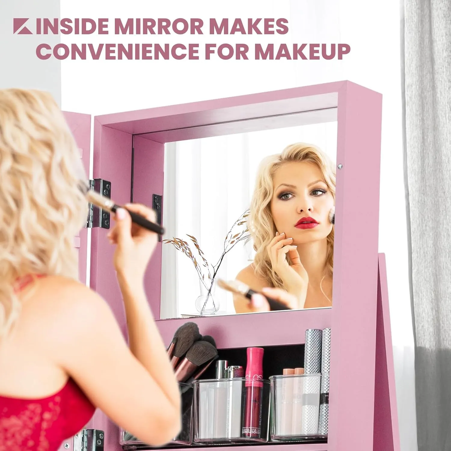 CHARMAID 360° Swivel Jewelry Armoire with Full Length Mirror, Standing Lockable Jewelry Cabinet Organizer, Large Storage Capacity, Inside Makeup Mirror, Back Storage Shelves (Pink)