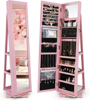 CHARMAID 360° Swivel Jewelry Armoire with Full Length Mirror, Standing Lockable Jewelry Cabinet Organizer, Large Storage Capacity, Inside Makeup Mirror, Back Storage Shelves (Pink)
