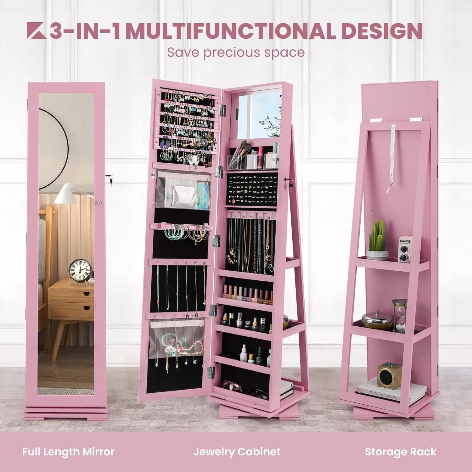 CHARMAID 360° Swivel Jewelry Armoire with Full Length Mirror, Standing Lockable Jewelry Cabinet Organizer, Large Storage Capacity, Inside Makeup Mirror, Back Storage Shelves (Pink)