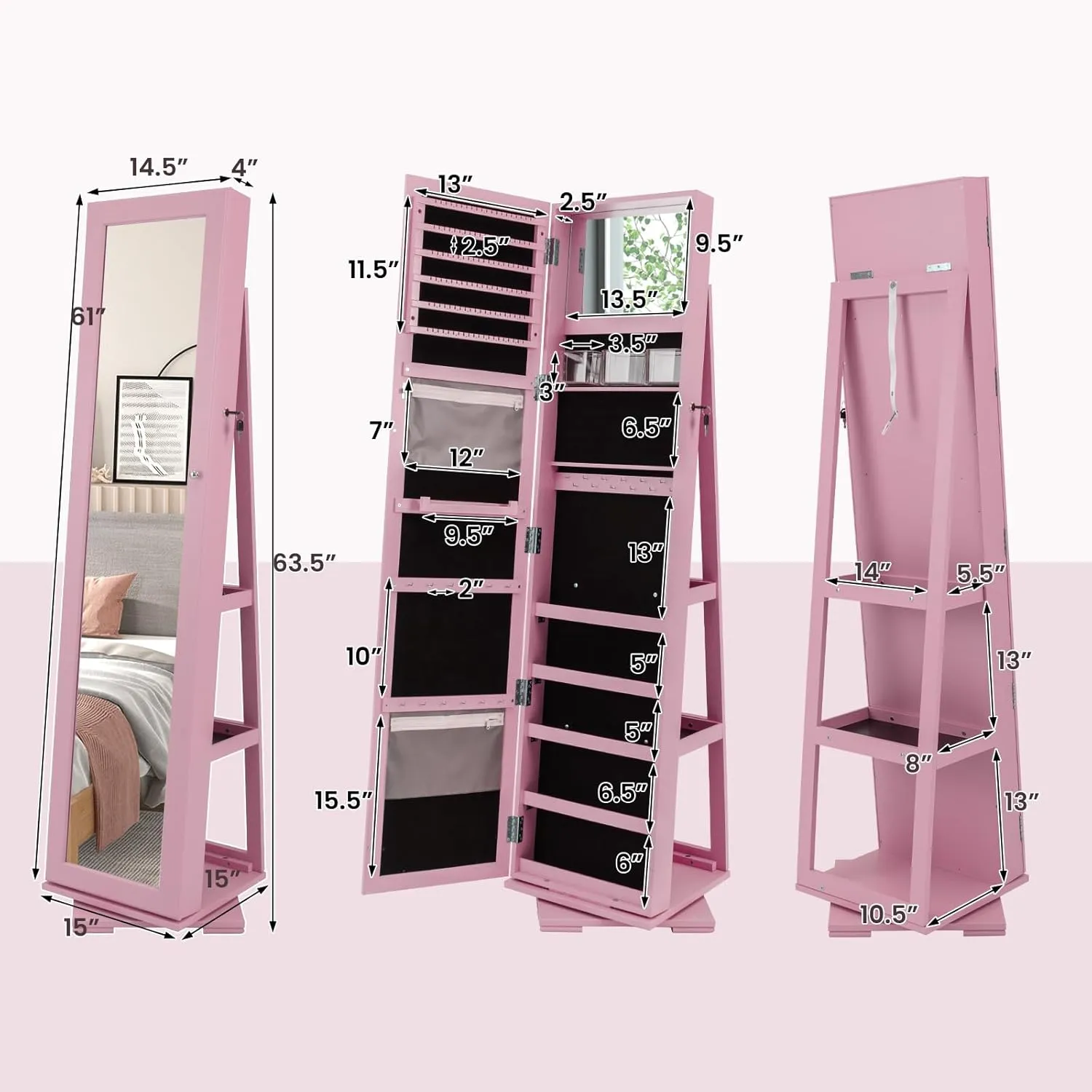 CHARMAID 360° Swivel Jewelry Armoire with Full Length Mirror, Standing Lockable Jewelry Cabinet Organizer, Large Storage Capacity, Inside Makeup Mirror, Back Storage Shelves (Pink)