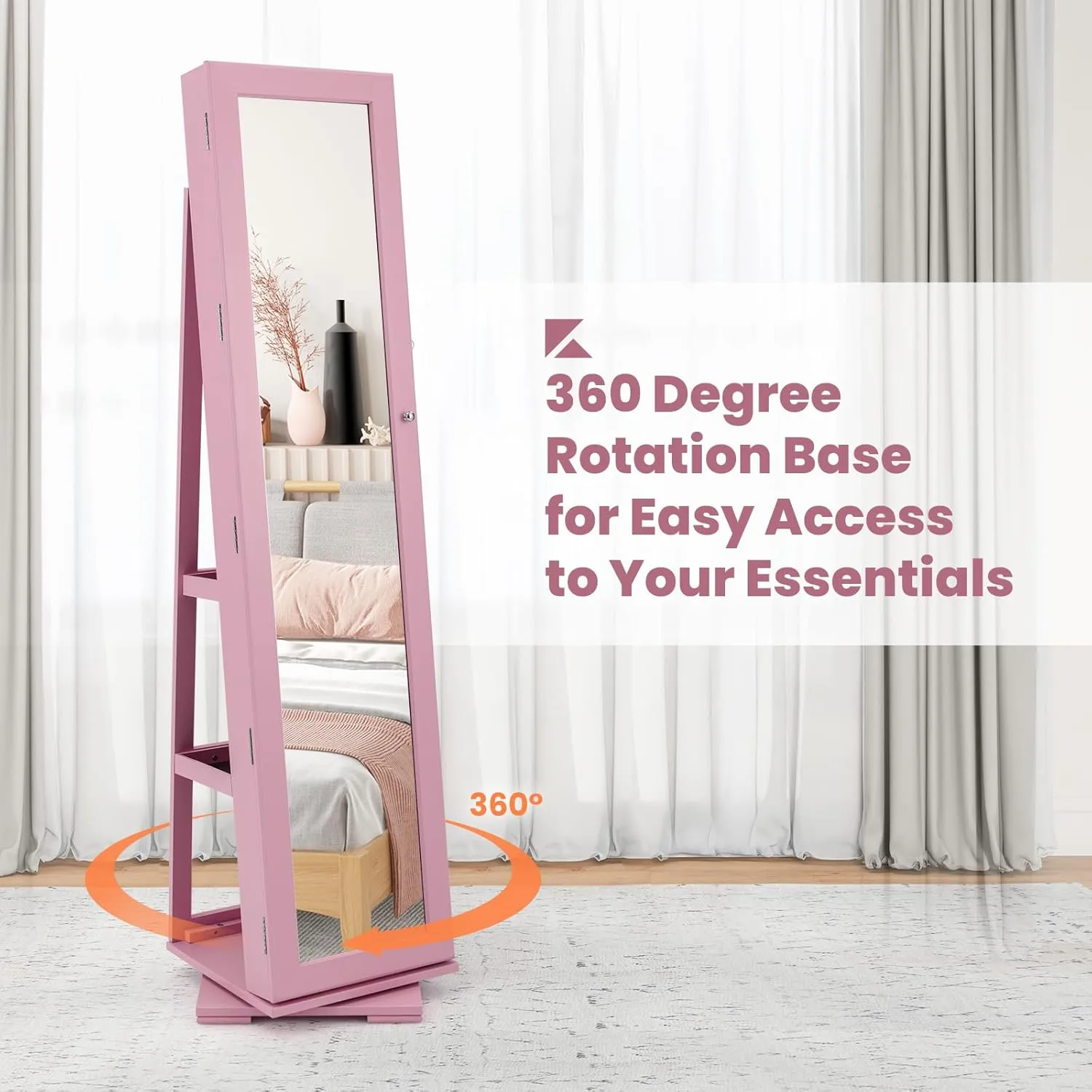 CHARMAID 360° Swivel Jewelry Armoire with Full Length Mirror, Standing Lockable Jewelry Cabinet Organizer, Large Storage Capacity, Inside Makeup Mirror, Back Storage Shelves (Pink)