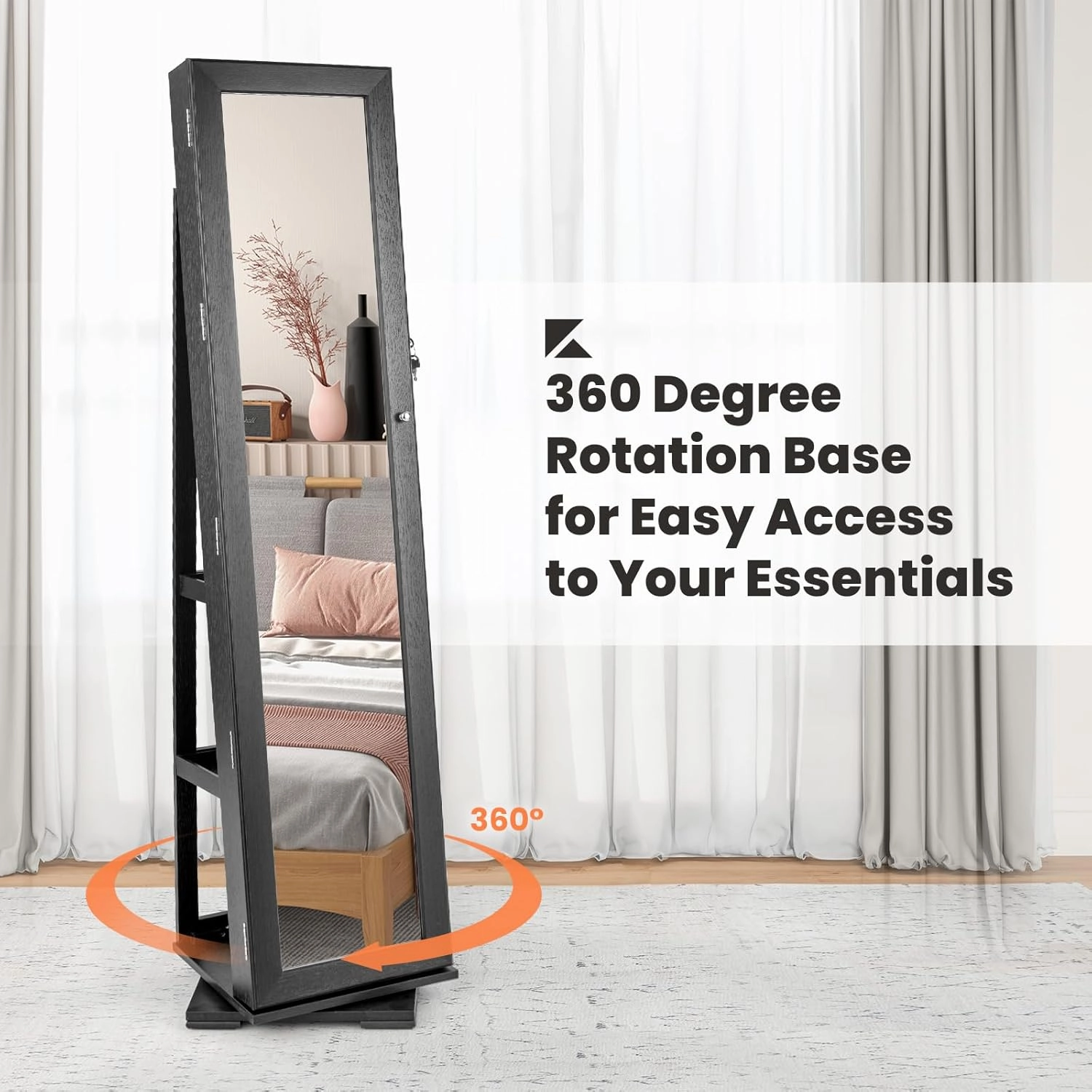 CHARMAID 360° Swivel Jewelry Armoire with Full Length Mirror, Standing Lockable Jewelry Cabinet Organizer, Large Storage Capacity, Inside Makeup Mirror, Back Storage Shelves (Black)
