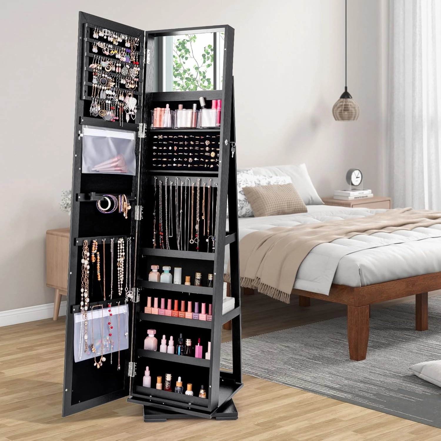 CHARMAID 360° Swivel Jewelry Armoire with Full Length Mirror, Standing Lockable Jewelry Cabinet Organizer, Large Storage Capacity, Inside Makeup Mirror, Back Storage Shelves (Black)