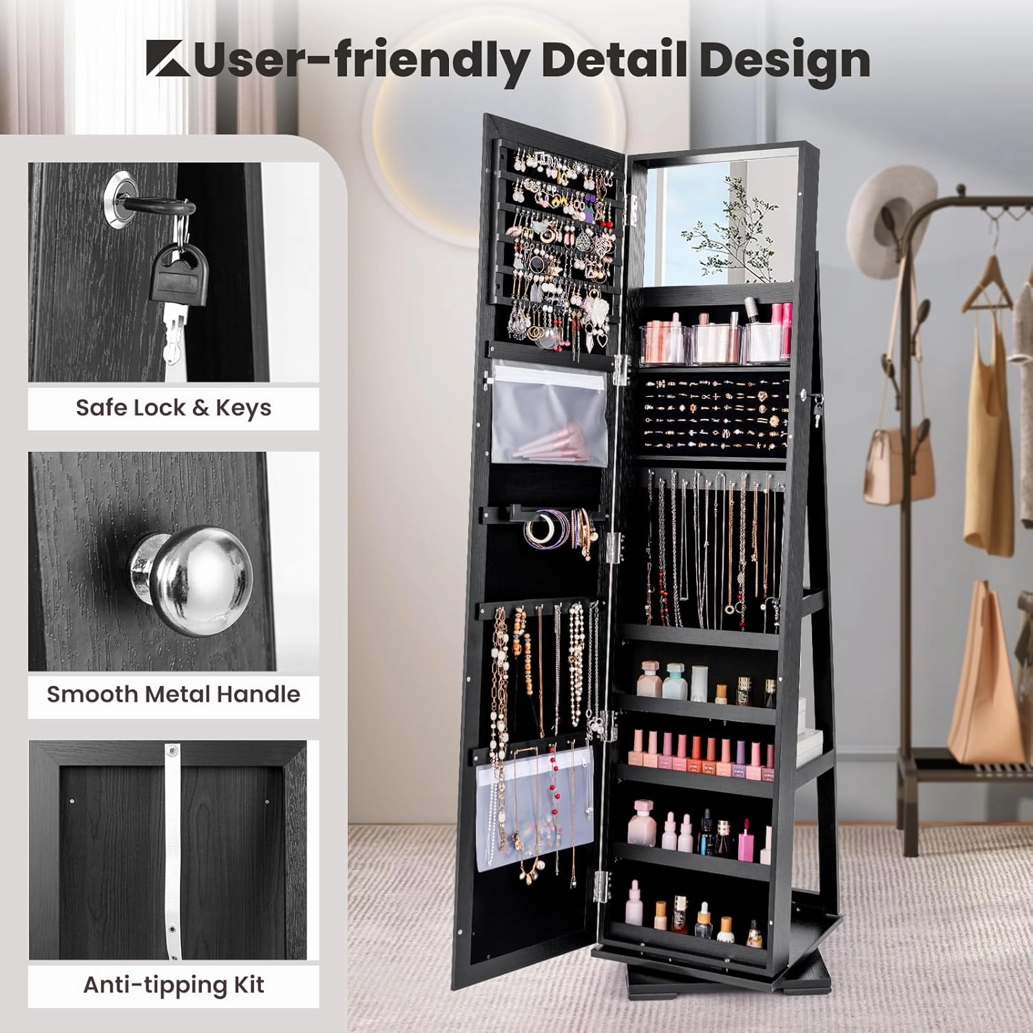 CHARMAID 360° Swivel Jewelry Armoire with Full Length Mirror, Standing Lockable Jewelry Cabinet Organizer, Large Storage Capacity, Inside Makeup Mirror, Back Storage Shelves (Black)