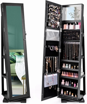 CHARMAID 360° Swivel Jewelry Armoire with Full Length Mirror, Standing Lockable Jewelry Cabinet Organizer, Large Storage Capacity, Inside Makeup Mirror, Back Storage Shelves (Black)