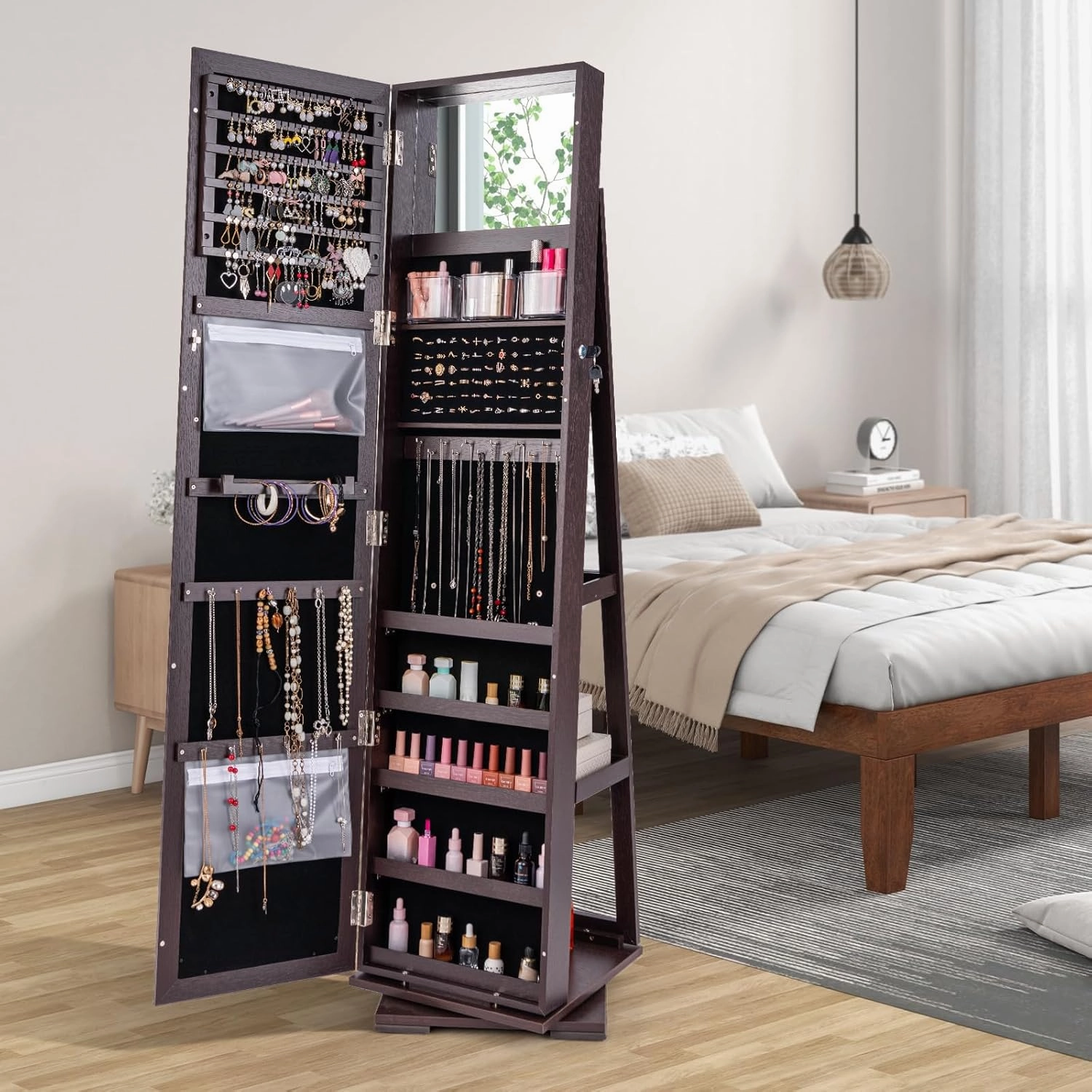 CHARMAID 360° Swivel Jewelry Armoire with Full Length Mirror, Standing Lockable Jewelry Cabinet Organizer, Large Storage Capacity, Inside Makeup Mirror, Back Storage Shelves (Espresso)