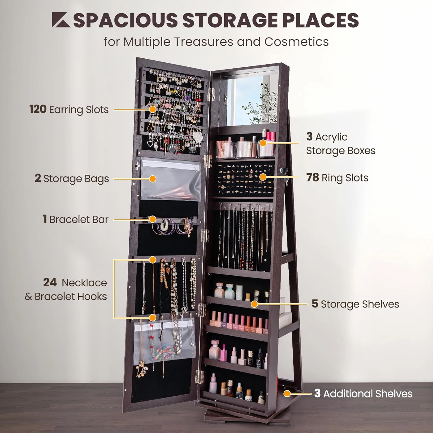 CHARMAID 360° Swivel Jewelry Armoire with Full Length Mirror, Standing Lockable Jewelry Cabinet Organizer, Large Storage Capacity, Inside Makeup Mirror, Back Storage Shelves (Espresso)