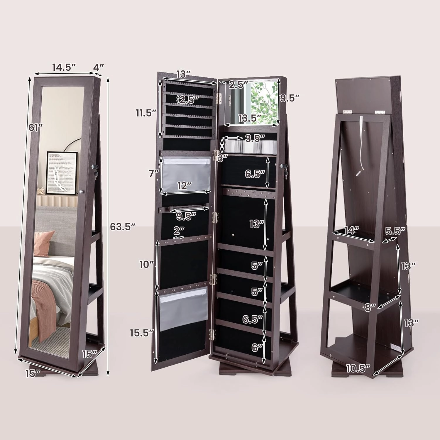 CHARMAID 360° Swivel Jewelry Armoire with Full Length Mirror, Standing Lockable Jewelry Cabinet Organizer, Large Storage Capacity, Inside Makeup Mirror, Back Storage Shelves (Espresso)