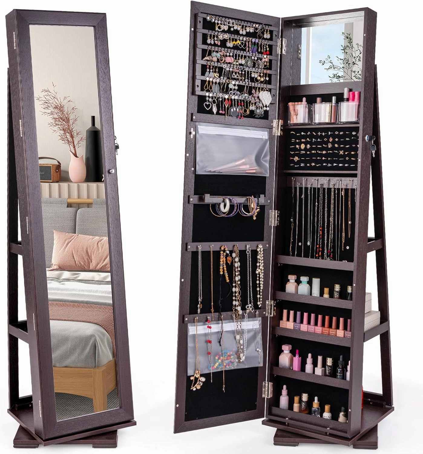 CHARMAID 360° Swivel Jewelry Armoire with Full Length Mirror, Standing Lockable Jewelry Cabinet Organizer, Large Storage Capacity, Inside Makeup Mirror, Back Storage Shelves (Espresso)