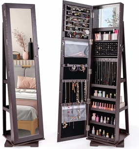 CHARMAID 360° Swivel Jewelry Armoire with Full Length Mirror, Standing Lockable Jewelry Cabinet Organizer, Large Storage Capacity, Inside Makeup Mirror, Back Storage Shelves (Espresso)