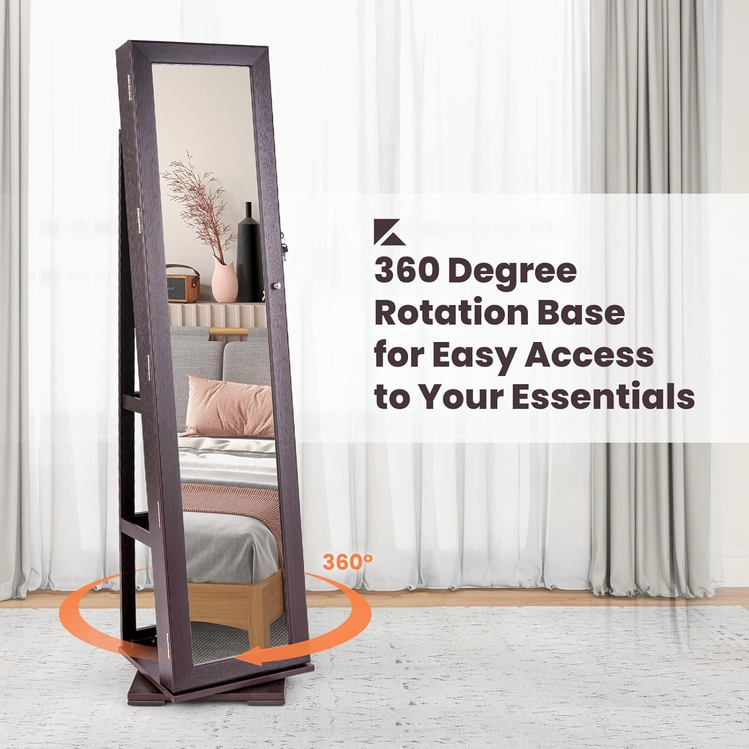 CHARMAID 360° Swivel Jewelry Armoire with Full Length Mirror, Standing Lockable Jewelry Cabinet Organizer, Large Storage Capacity, Inside Makeup Mirror, Back Storage Shelves (Espresso)
