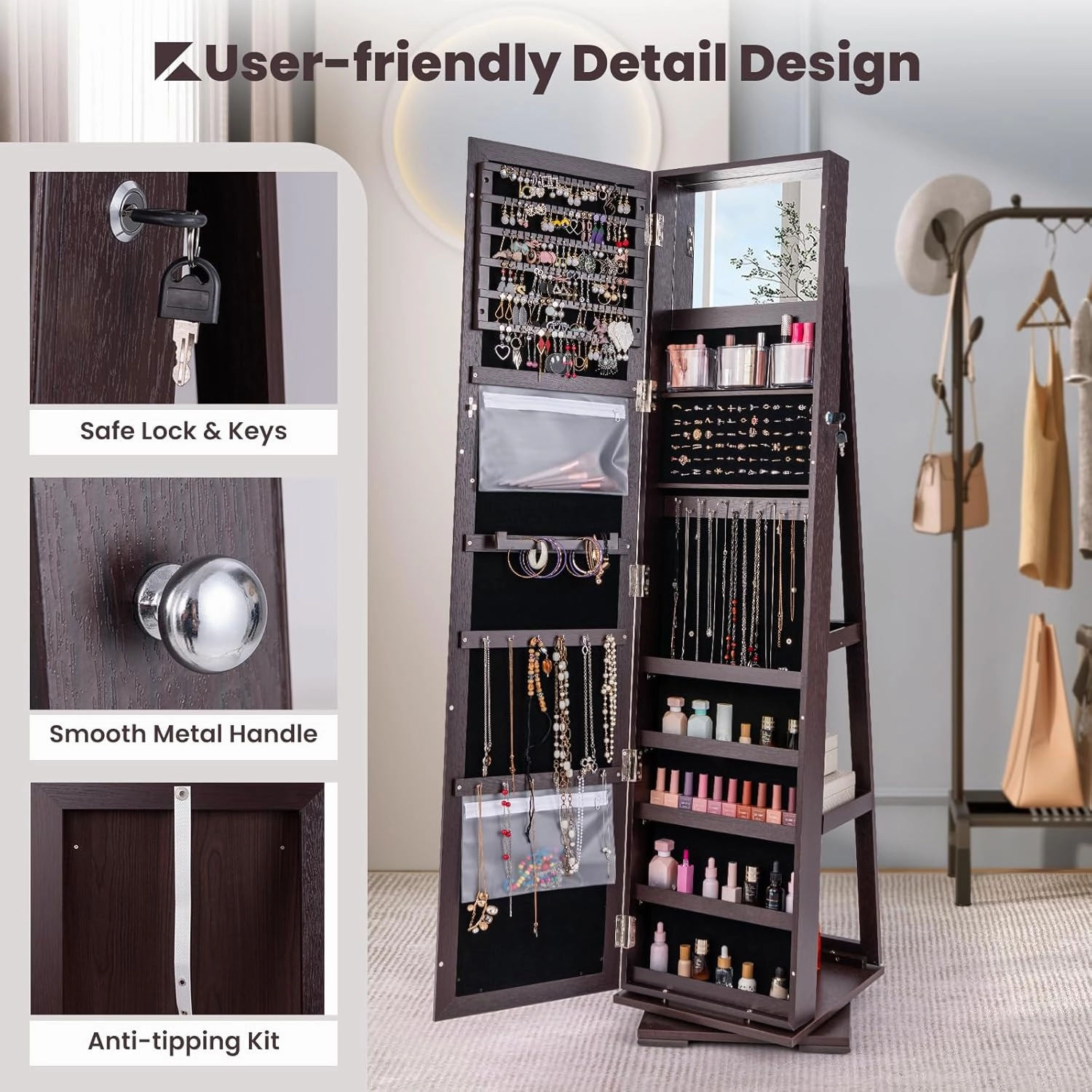 CHARMAID 360° Swivel Jewelry Armoire with Full Length Mirror, Standing Lockable Jewelry Cabinet Organizer, Large Storage Capacity, Inside Makeup Mirror, Back Storage Shelves (Espresso)