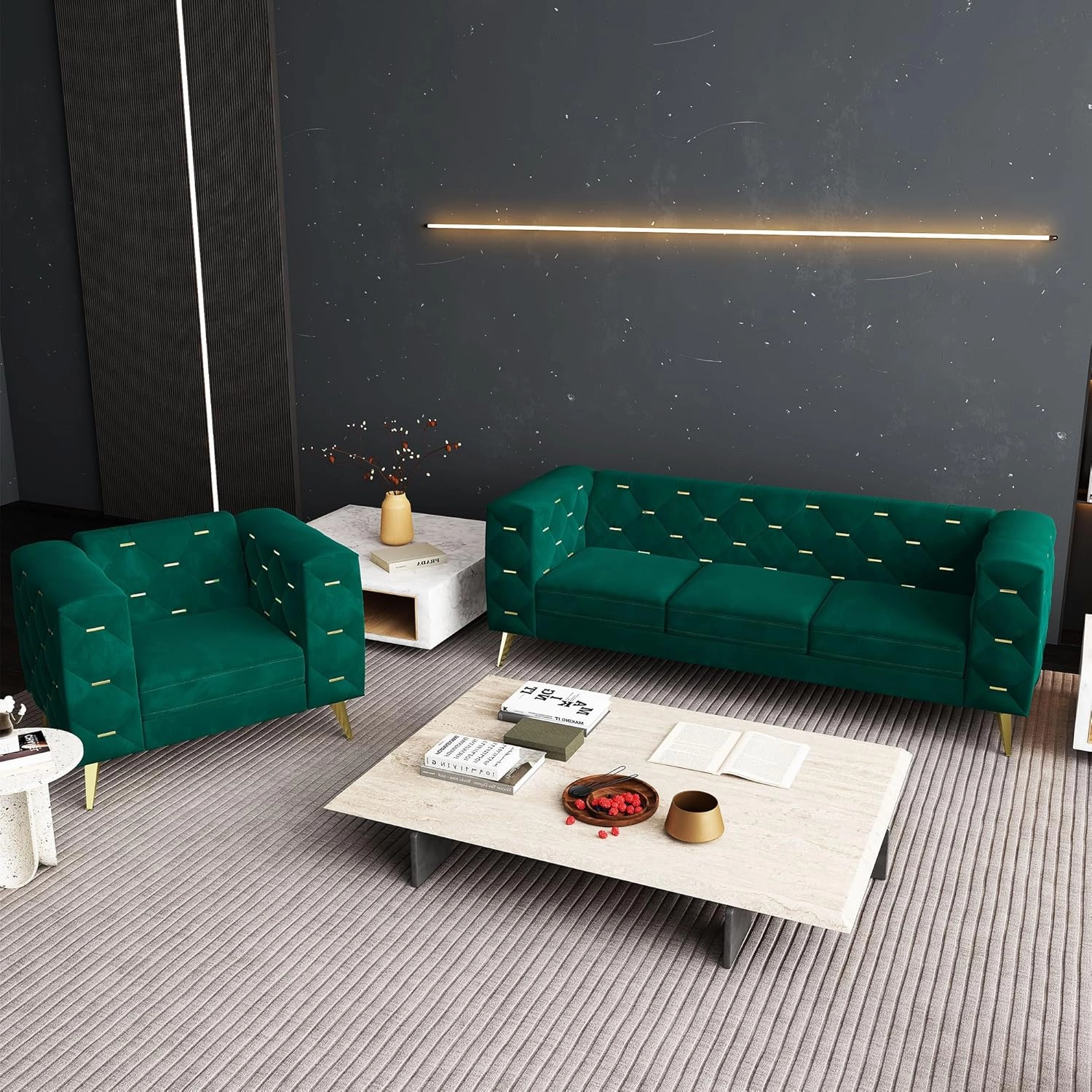 Chesterfield Chair, Velvet Upholstered Couch with Square Arms and Tufted Back, Mid-Century Modern Sofa Couch with Metal Buckle Decor and Metal Legs for Living Room, Office, Bedroom (Green)