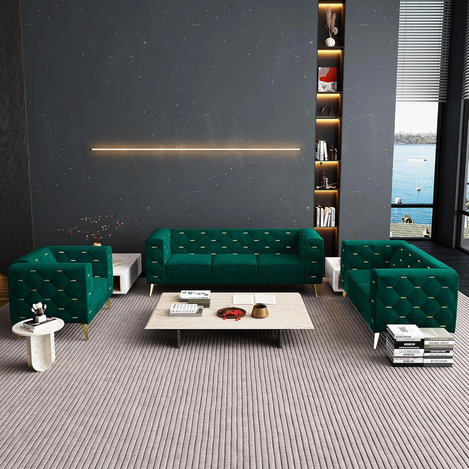 Chesterfield Chair, Velvet Upholstered Couch with Square Arms and Tufted Back, Mid-Century Modern Sofa Couch with Metal Buckle Decor and Metal Legs for Living Room, Office, Bedroom (Green)
