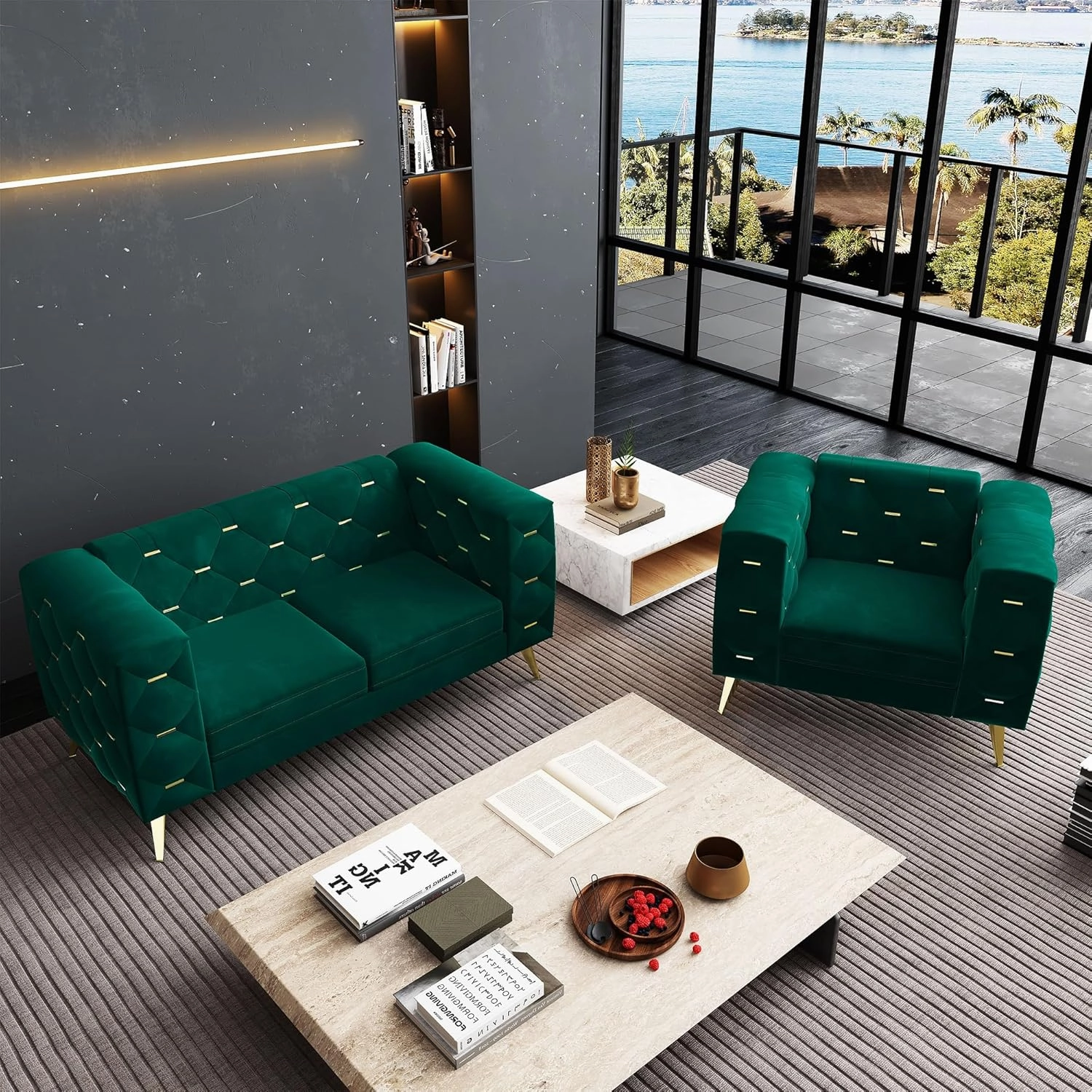 Chesterfield Chair, Velvet Upholstered Couch with Square Arms and Tufted Back, Mid-Century Modern Sofa Couch with Metal Buckle Decor and Metal Legs for Living Room, Office, Bedroom (Green)