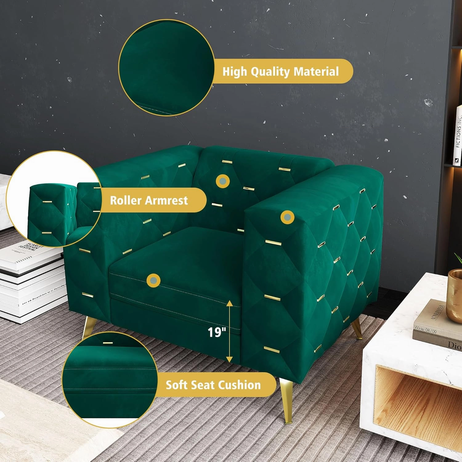 Chesterfield Chair, Velvet Upholstered Couch with Square Arms and Tufted Back, Mid-Century Modern Sofa Couch with Metal Buckle Decor and Metal Legs for Living Room, Office, Bedroom (Green)