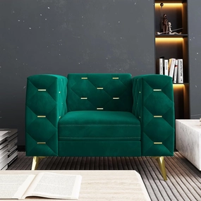 Chesterfield Chair, Velvet Upholstered Couch with Square Arms and Tufted Back, Mid-Century Modern Sofa Couch with Metal Buckle Decor and Metal Legs for Living Room, Office, Bedroom (Green)
