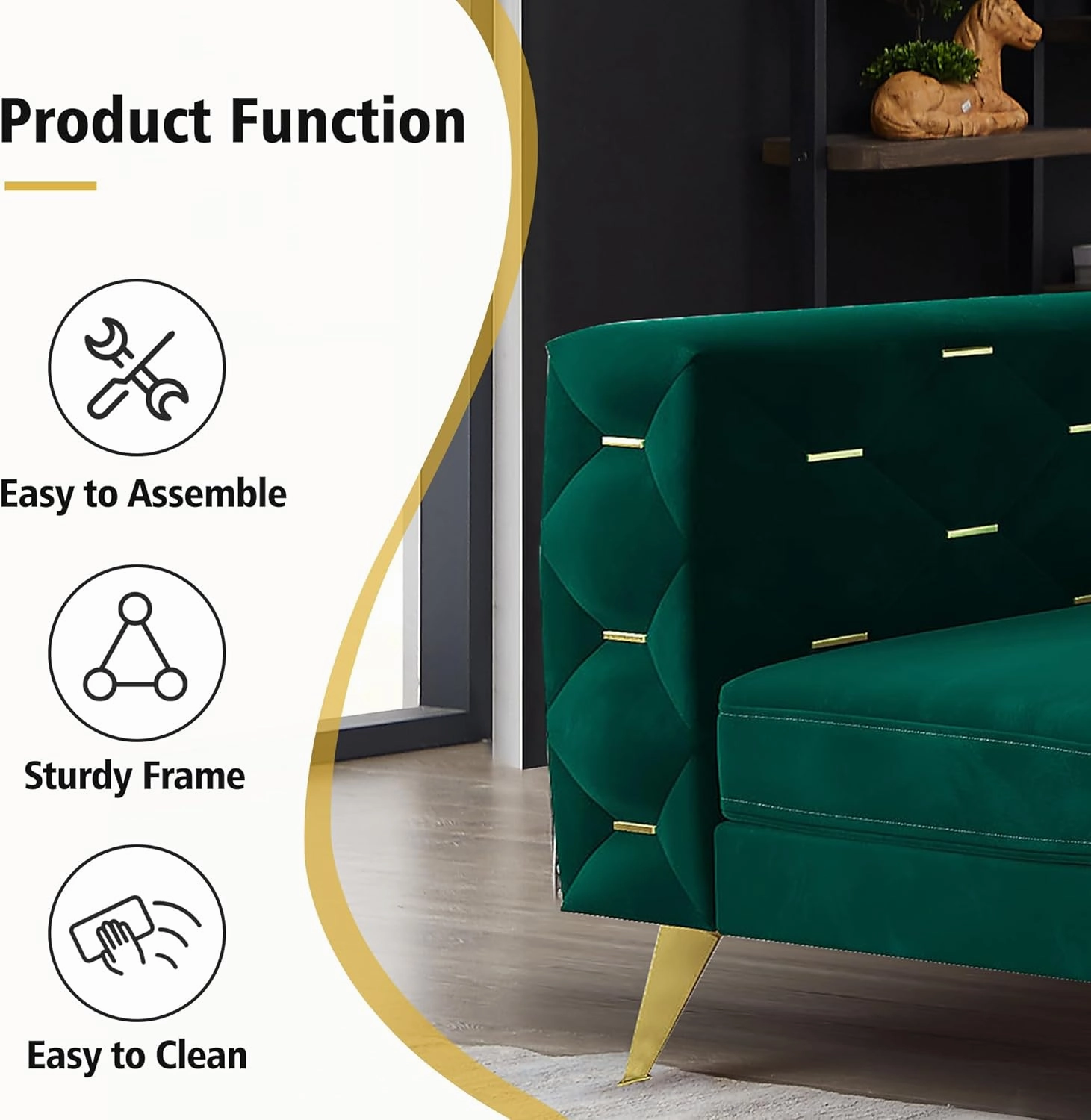 Chesterfield Chair, Velvet Upholstered Couch with Square Arms and Tufted Back, Mid-Century Modern Sofa Couch with Metal Buckle Decor and Metal Legs for Living Room, Office, Bedroom (Green)