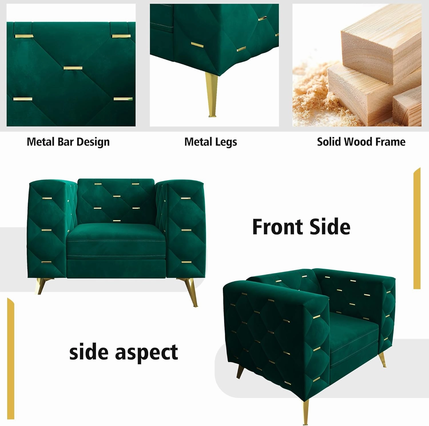 Chesterfield Chair, Velvet Upholstered Couch with Square Arms and Tufted Back, Mid-Century Modern Sofa Couch with Metal Buckle Decor and Metal Legs for Living Room, Office, Bedroom (Green)