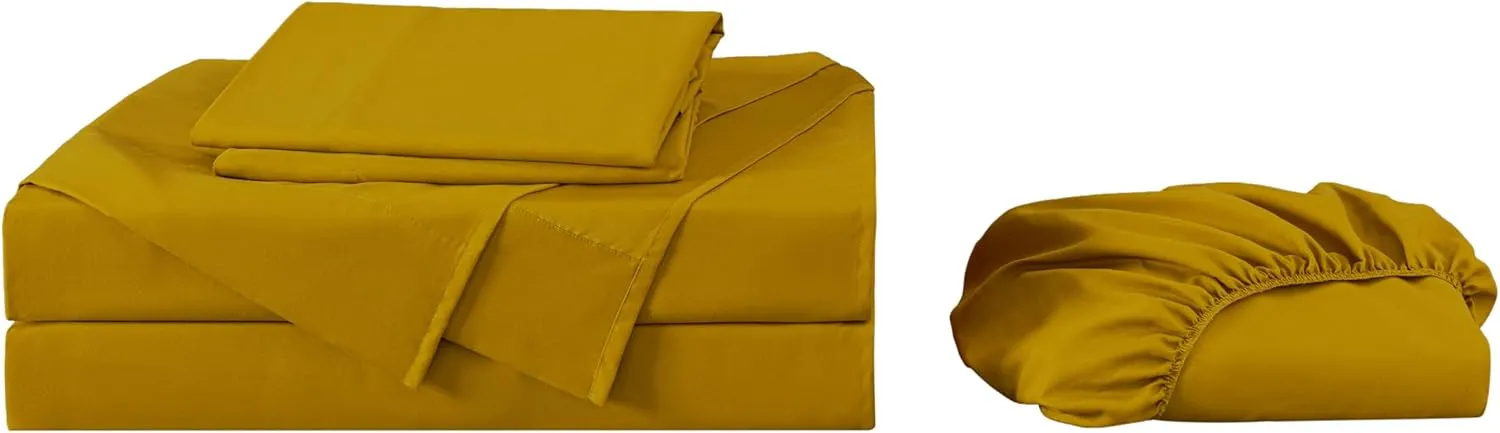 Chezmoi Collection 4-Piece Mustard Yellow Sheet Set King Size - 110GSM Peach Skin Brushed Microfiber Polyester 16" Deep Pocket Bed Sheets & Pillowcases