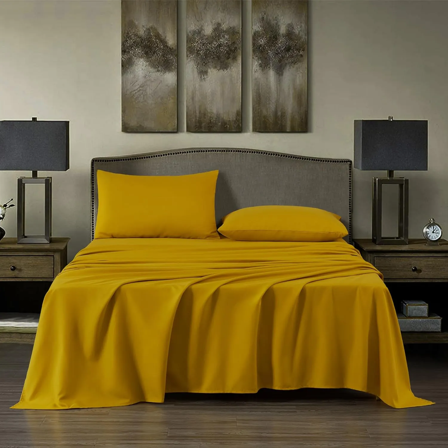 Chezmoi Collection 4-Piece Mustard Yellow Sheet Set King Size - 110GSM Peach Skin Brushed Microfiber Polyester 16" Deep Pocket Bed Sheets & Pillowcases