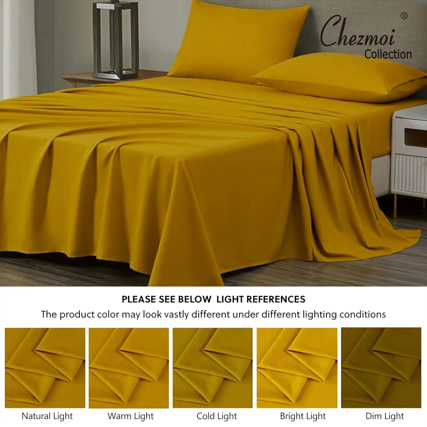 Chezmoi Collection 4-Piece Mustard Yellow Sheet Set King Size - 110GSM Peach Skin Brushed Microfiber Polyester 16" Deep Pocket Bed Sheets & Pillowcases