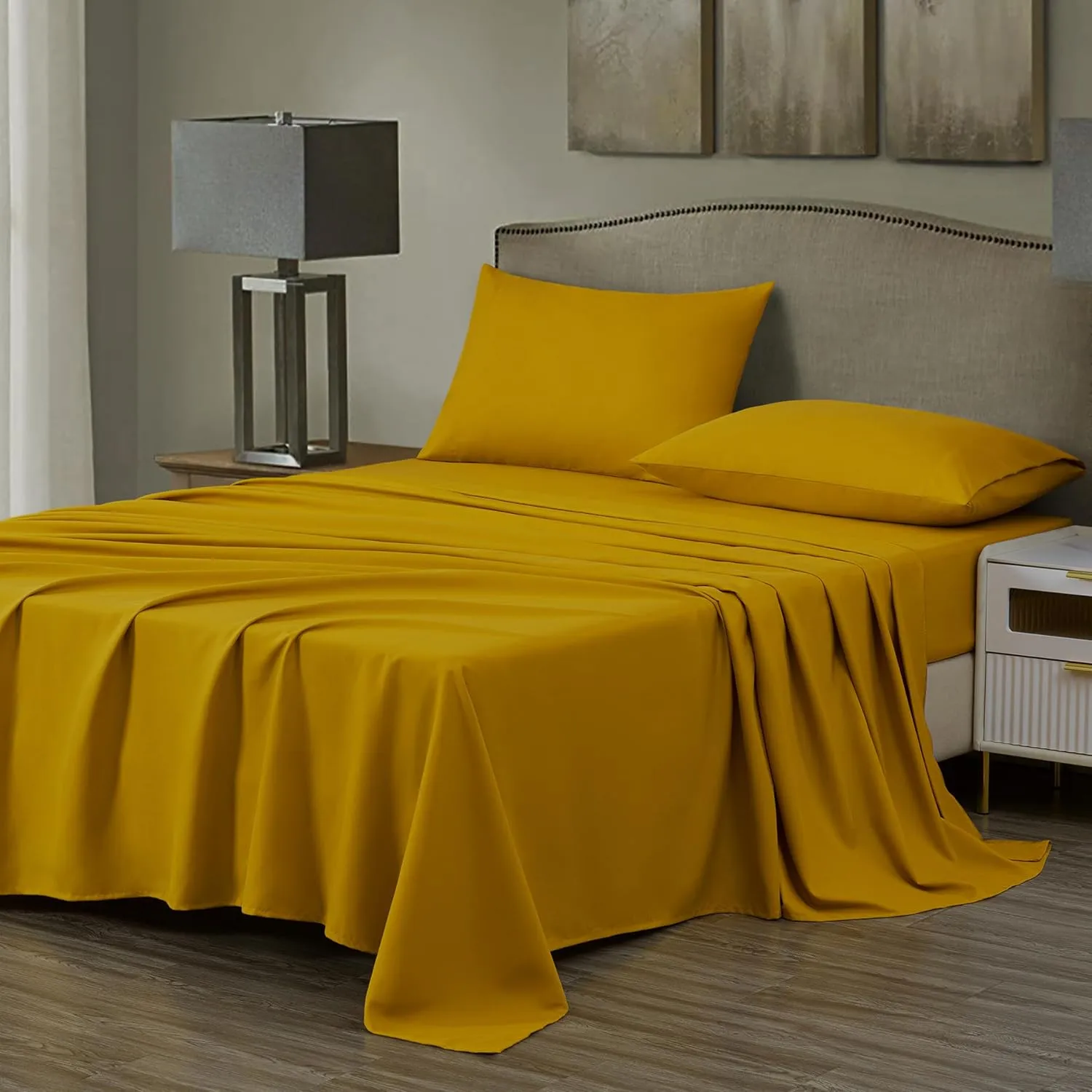 Chezmoi Collection 4-Piece Mustard Yellow Sheet Set King Size - 110GSM Peach Skin Brushed Microfiber Polyester 16" Deep Pocket Bed Sheets & Pillowcases