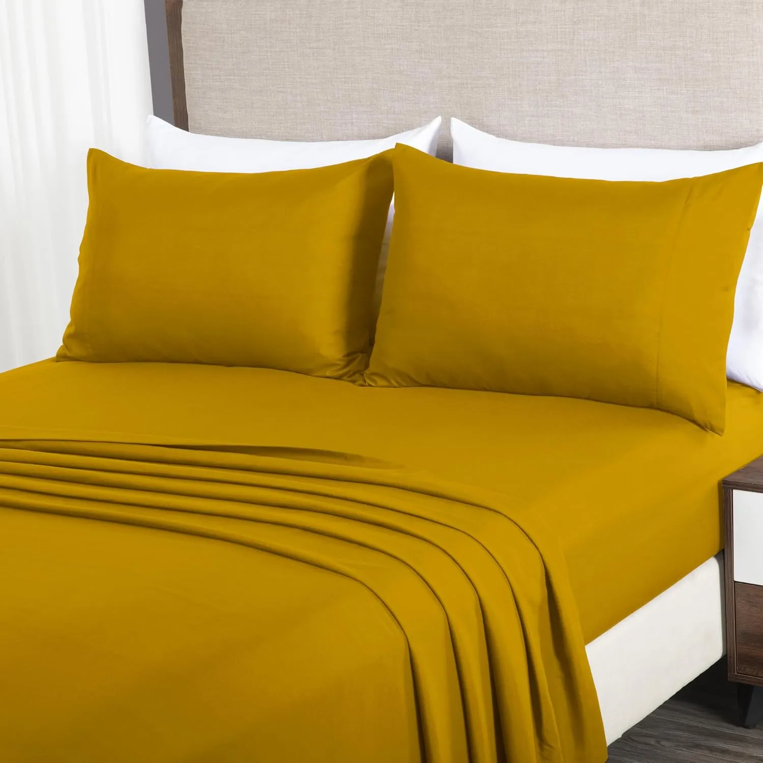Chezmoi Collection 4-Piece Mustard Yellow Sheet Set King Size - 110GSM Peach Skin Brushed Microfiber Polyester 16" Deep Pocket Bed Sheets & Pillowcases