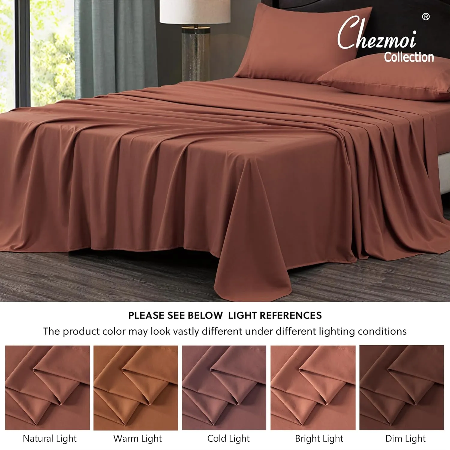 Chezmoi Collection 4-Piece Terracotta Sheet Set King Size - 110GSM Peach Skin Brushed Microfiber Polyester 16" Deep Pocket Bed Sheets & Pillowcases