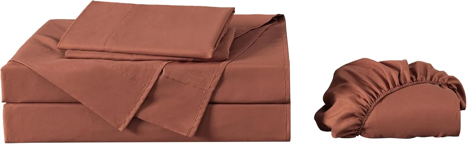 Chezmoi Collection 4-Piece Terracotta Sheet Set King Size - 110GSM Peach Skin Brushed Microfiber Polyester 16" Deep Pocket Bed Sheets & Pillowcases