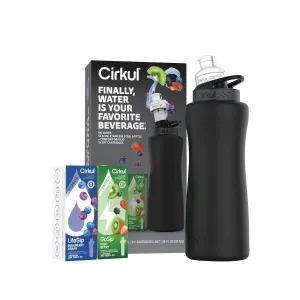 Cirkul 32oz. Matte Black Stainless Steel Water Bottle Starter Kit with Black Lid and 2 Flavor Cartridges (1 LifeSip Blueberry Grape, 1 GoSip Kiwi Berry) Zero Calories and No Sugar