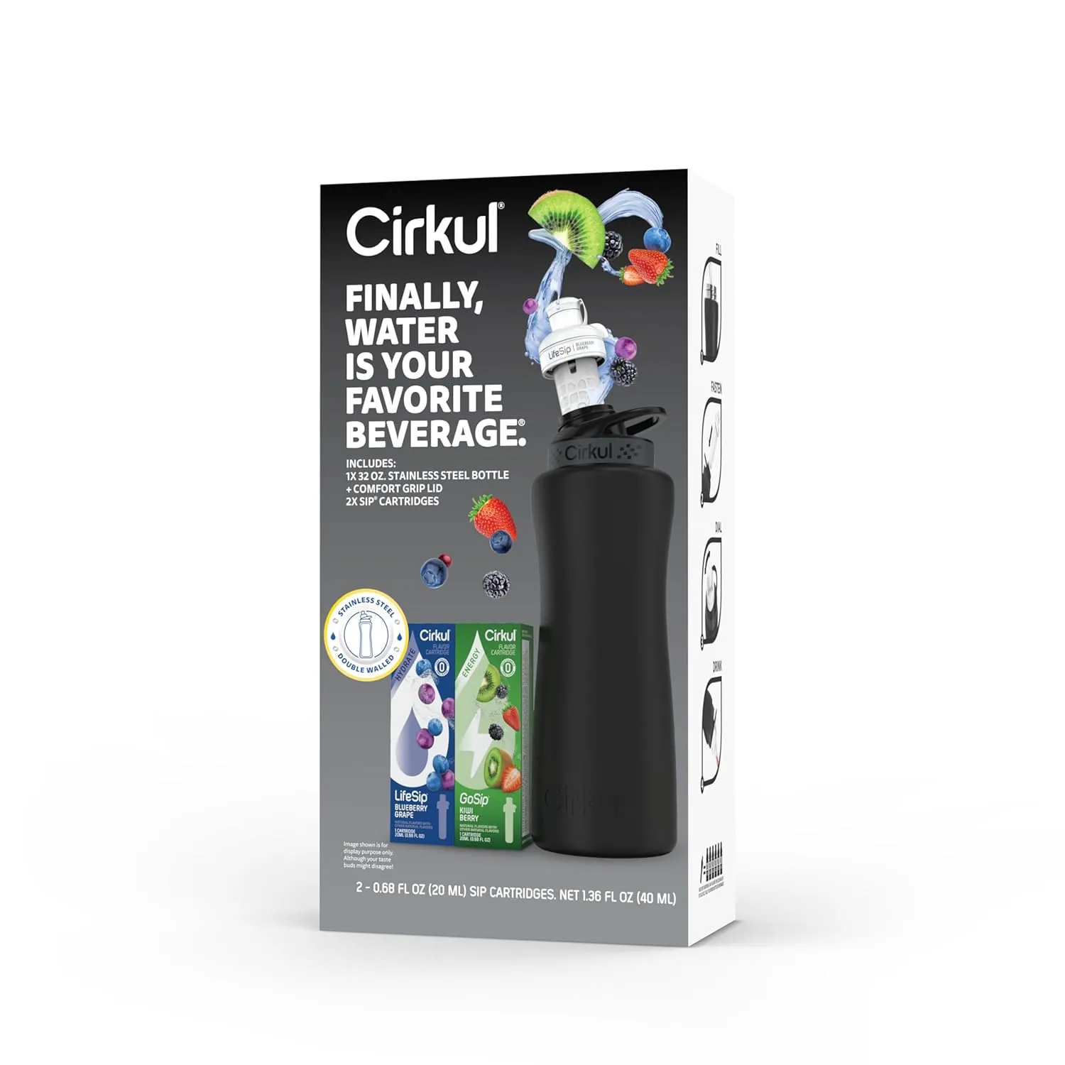 Cirkul 32oz. Matte Black Stainless Steel Water Bottle Starter Kit with Black Lid and 2 Flavor Cartridges (1 LifeSip Blueberry Grape, 1 GoSip Kiwi Berry) Zero Calories and No Sugar
