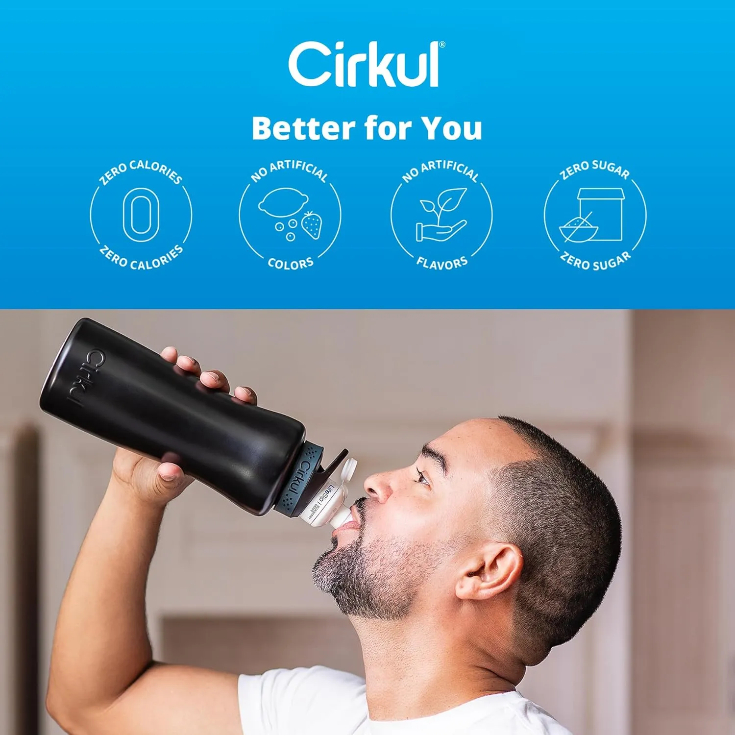 Cirkul 32oz. Matte Black Stainless Steel Water Bottle Starter Kit with Black Lid and 2 Flavor Cartridges (1 LifeSip Blueberry Grape, 1 GoSip Kiwi Berry) Zero Calories and No Sugar